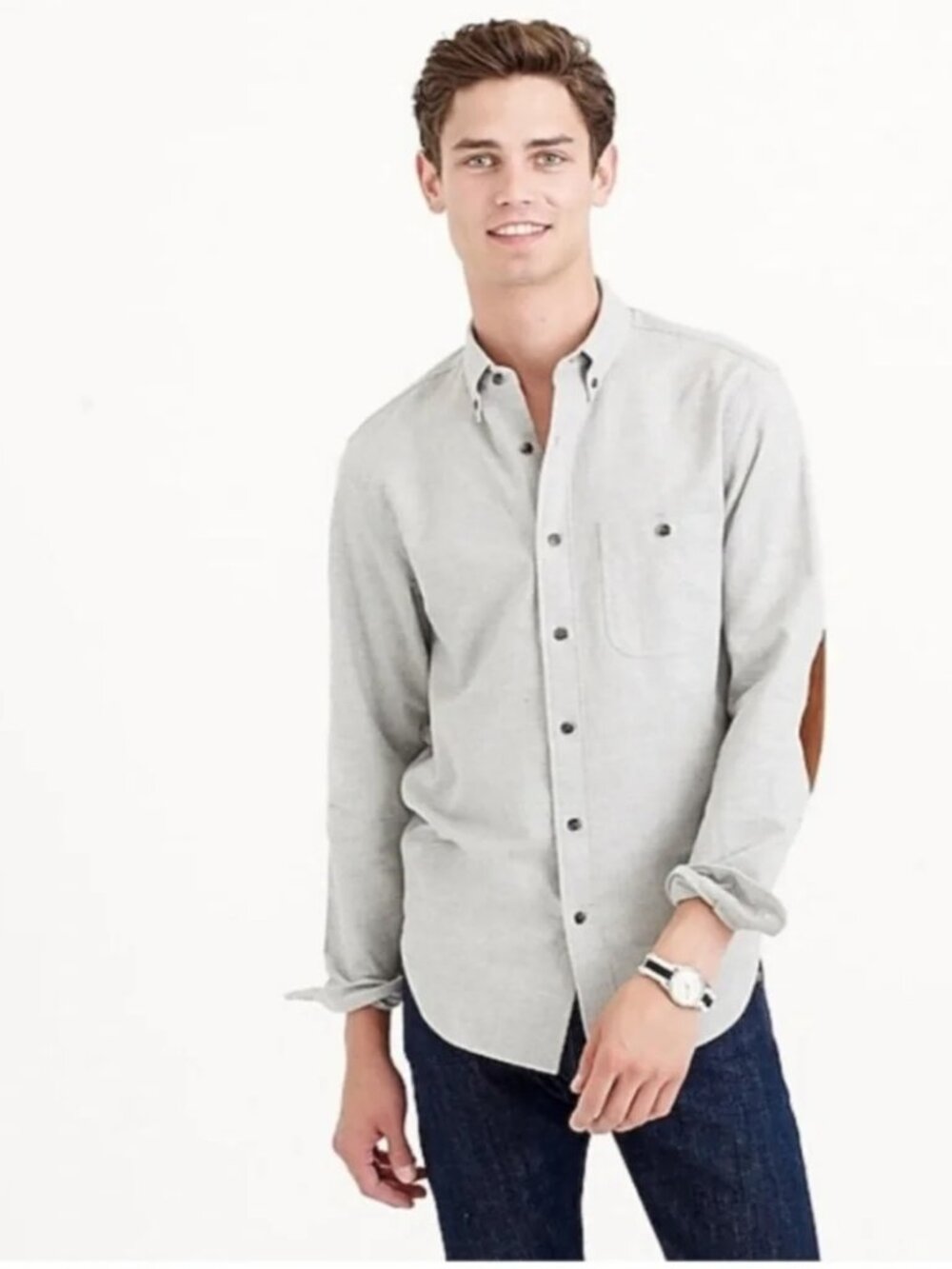 J.Crew Men’s Grey Chamois Flannel Shirt w/ Real Leather Elbow Patches - Size Med
